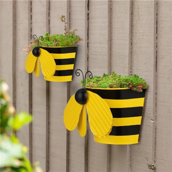 Set of 2 Bee Wall Hanging Planter Decor Art, Metal Wall Mounted Planters - Picture 7 of 8